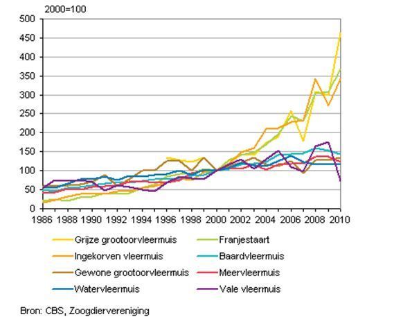 Trends in aantallen vleermuizen in Nederland (bron: CBS/Zoogdiervereniging)